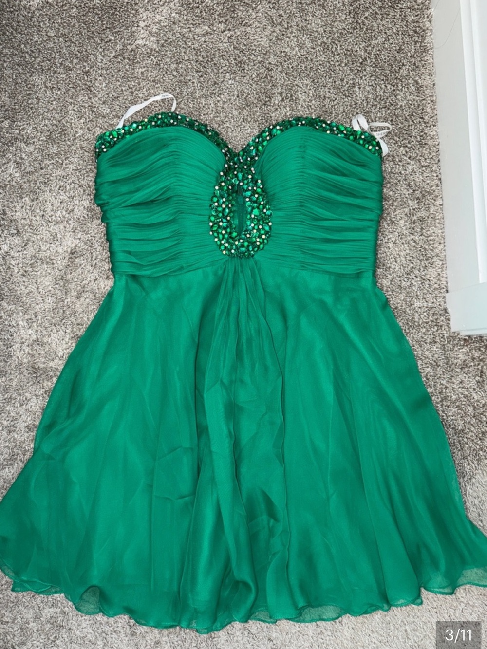 Sherri Hill 2944 Strapless Beaded Sweetheart Chiffon Dress in Emerald Green